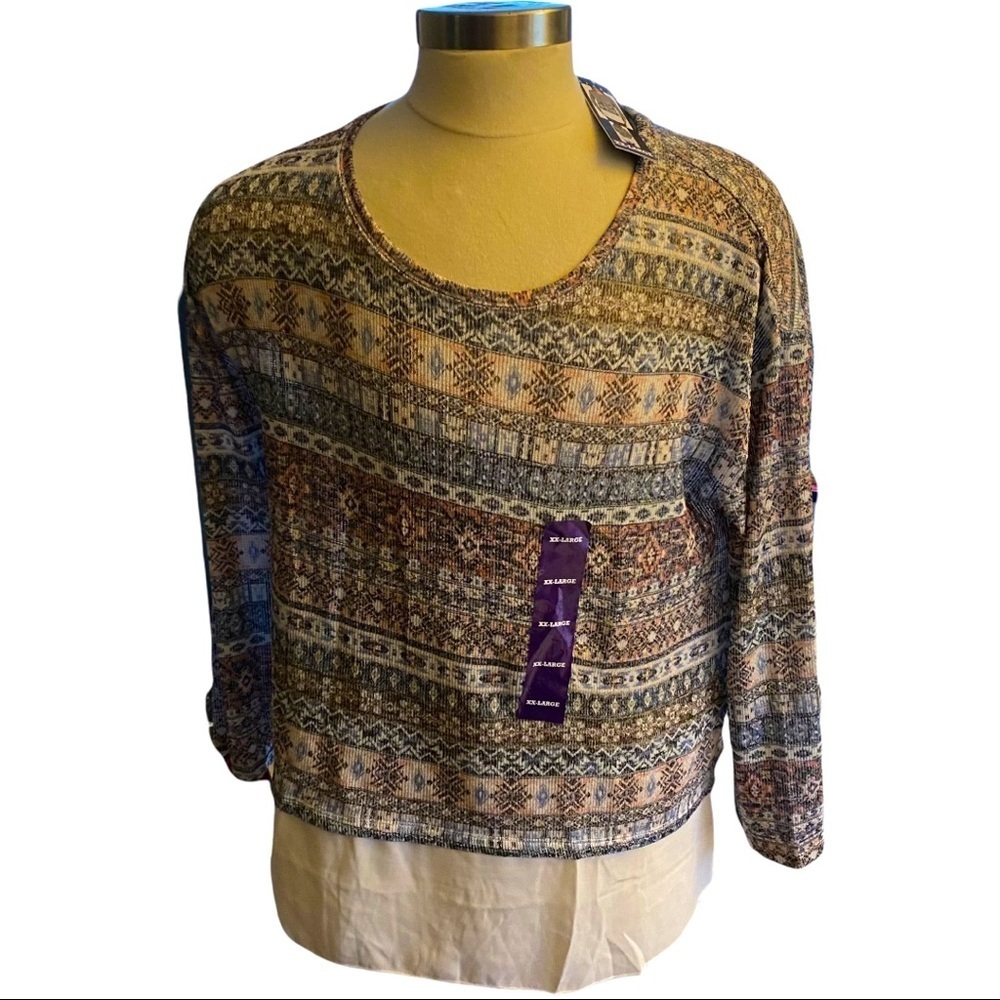 Kiara Sahara Geometric Lightweight LS Sweater w/ White Mock Undershirt Women XXL